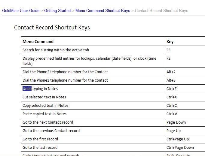 GoldMine Premium Shortcut Keys